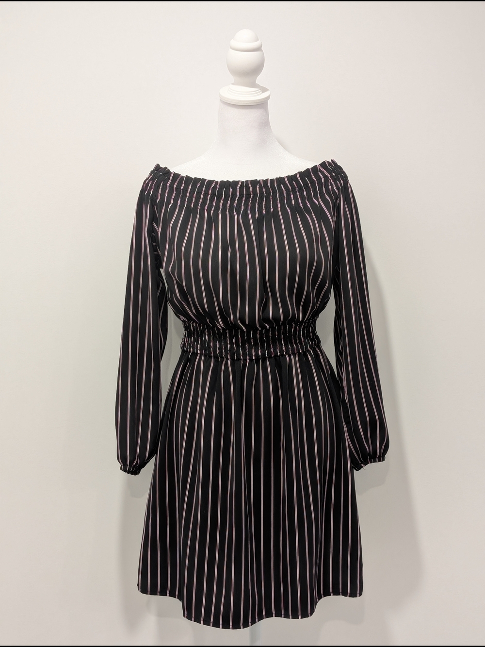 Dynamite Off-Shoulder Long Sleeved Black Mini Dress with Pink & White Pinstripes